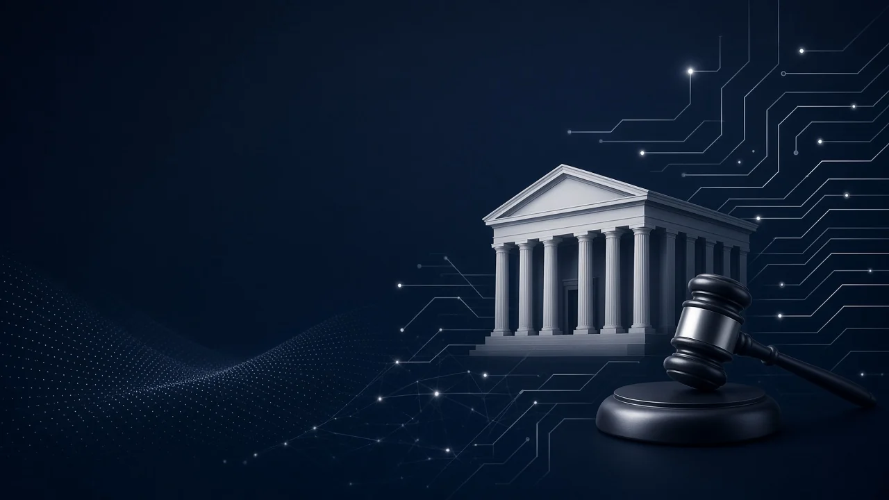 Bank building with classical columns and a judge's gavel on a dark navy background with faint digital circuit lines, representing AI agent banking regulations.