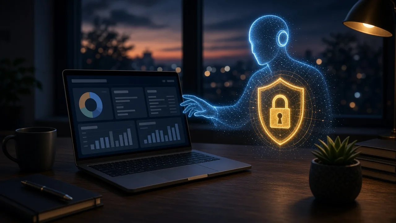 AI agent reaching toward a small business bank dashboard, blocked by a security shield.