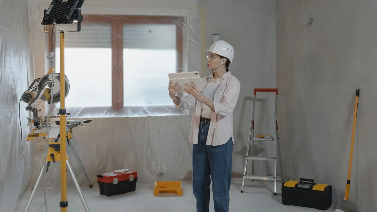Tablet with job costing data on a toolbox at an active construction site
